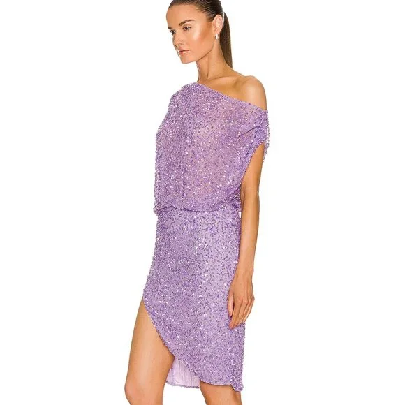 retrofete Jean Mini Dress Lavender Light Purple Crystal Sequin Off Shoulder XS - Picture 3 of 5
